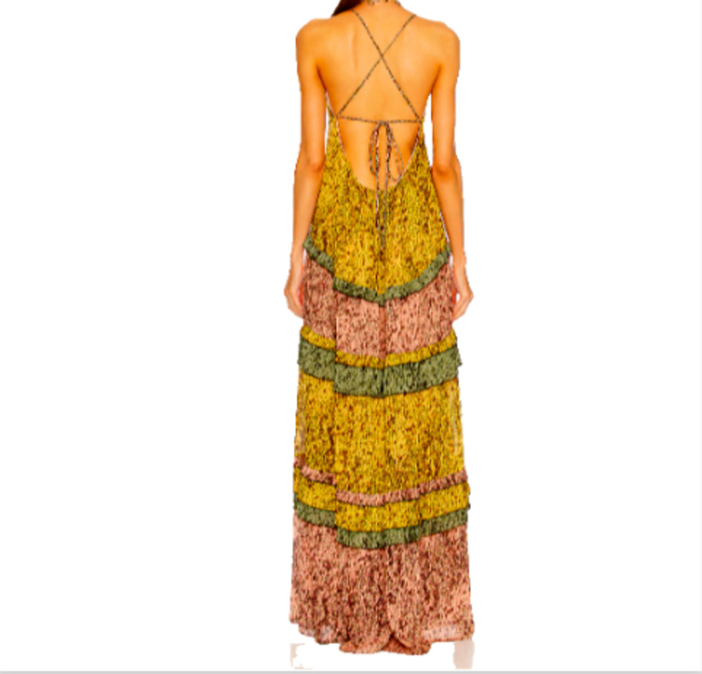 Alexis Licett Halter Neck Tiered Maxi Open Back Strap Dress Color Amazonia Sz S - Picture 2 of 8